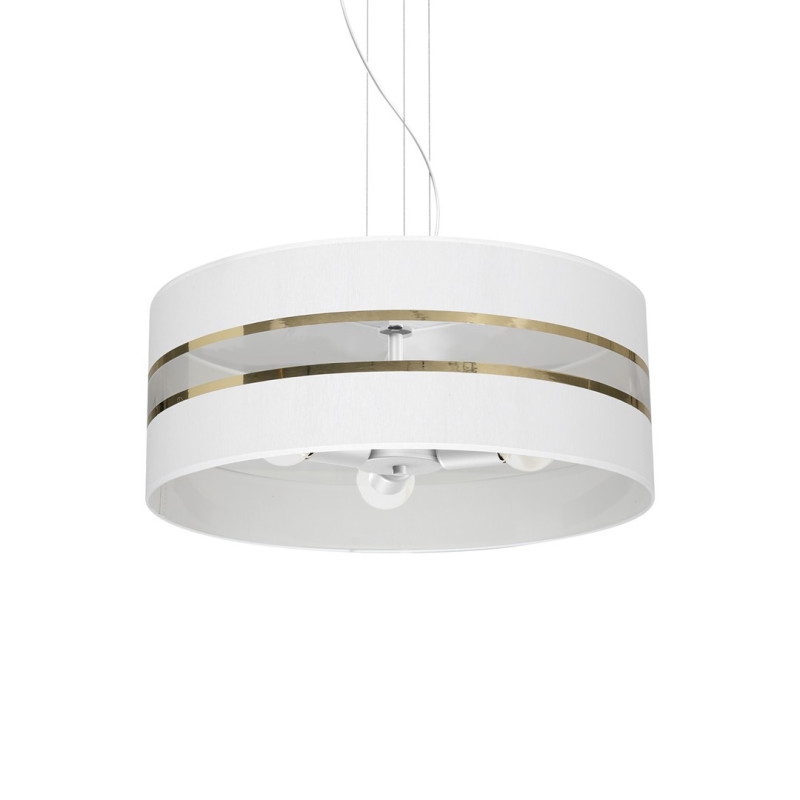 Suspension ULTIMO hauteur réglable abat-jour rond 50cm tissu blanc bande doré E27 Design chic 