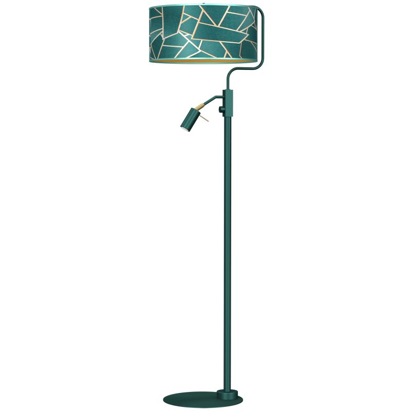 Lampadaire ZIGGY abat-jour tissu mosaique vert doré E27 + liseuse mini GU10 Design chic 