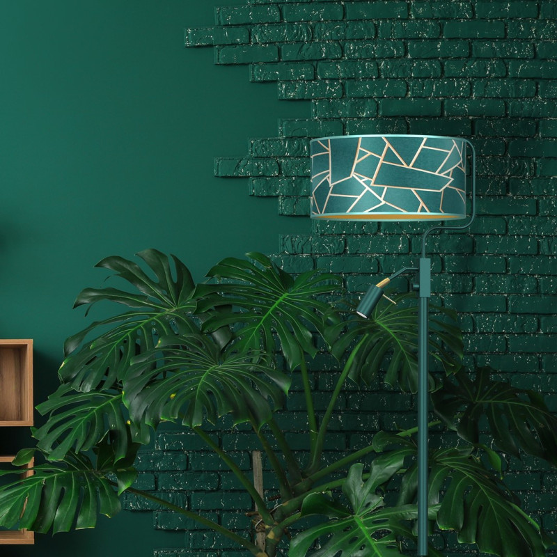 Lampadaire ZIGGY abat-jour tissu mosaique vert doré E27 + liseuse mini GU10 Design chic 