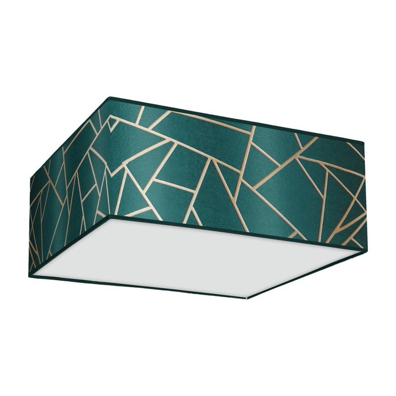 Plafonnier ZIGGY abat-jour carré 50cm tissu mosaique vert doré E27 Design chic 