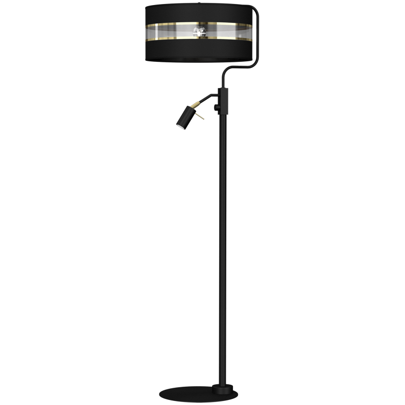 Lampadaire ULTIMO abat-jour tissu noir bande doré E27 + liseuse mini GU10 Design chic 