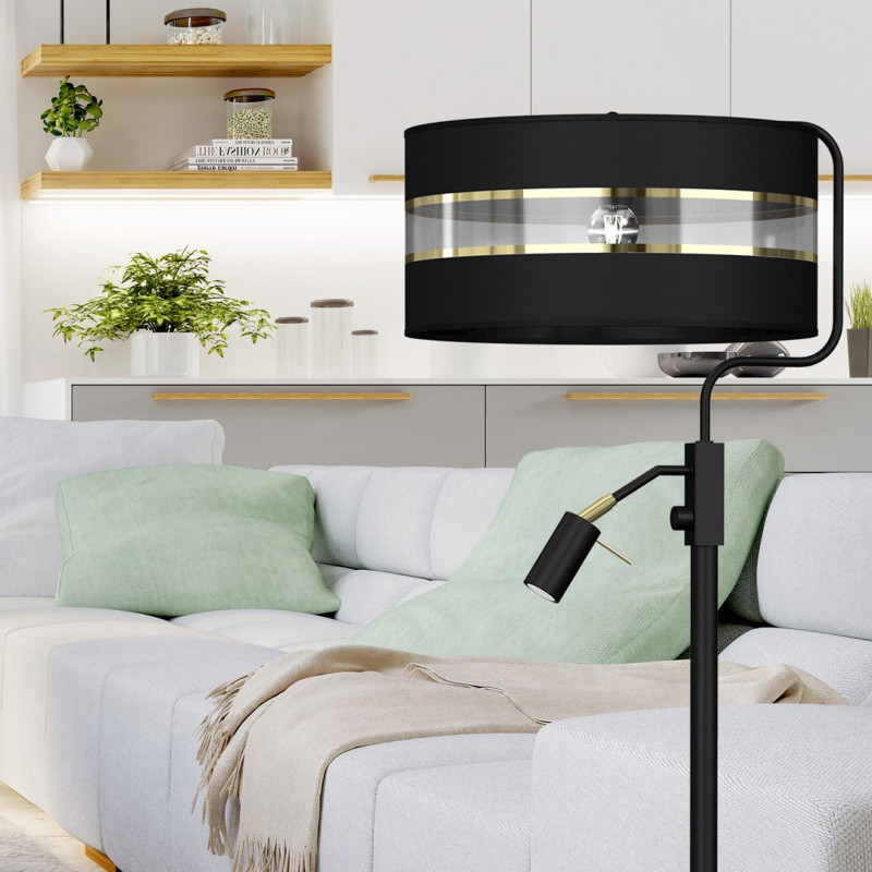 Lampadaire ULTIMO abat-jour tissu noir bande doré E27 + liseuse mini GU10 Design chic 