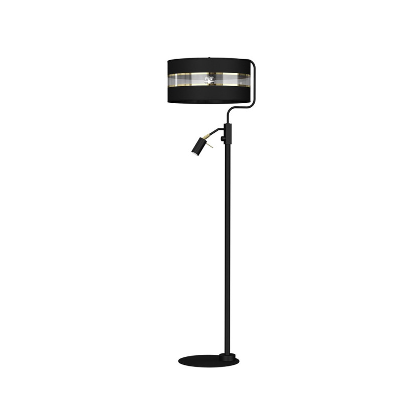 Lampadaire ULTIMO abat-jour tissu noir bande doré E27 + liseuse mini GU10 Design chic 