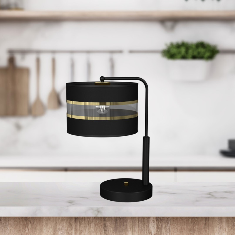 Lampe de chevet ULTIMO abat-jour tissu noir bande doré E27 Design chic 