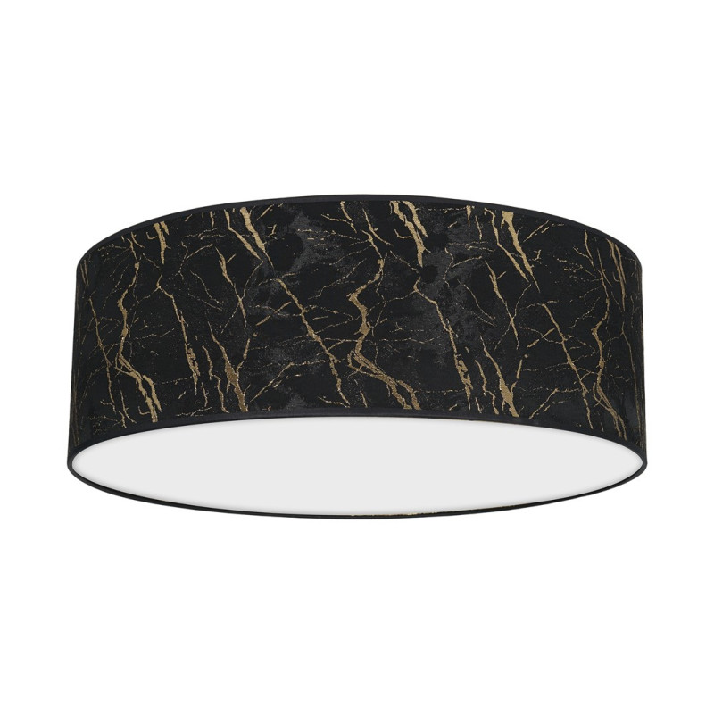 Plafonnier SENSO abat-jour rond 50cm tissu marbré noir doré E27 Design chic 