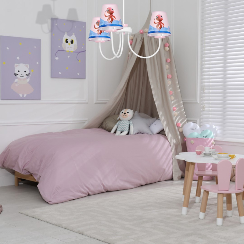 Plafonnier LOLA la pieuvre rouge 3 abat-jour plastique rose bleu métal blanc E14 Enfant 