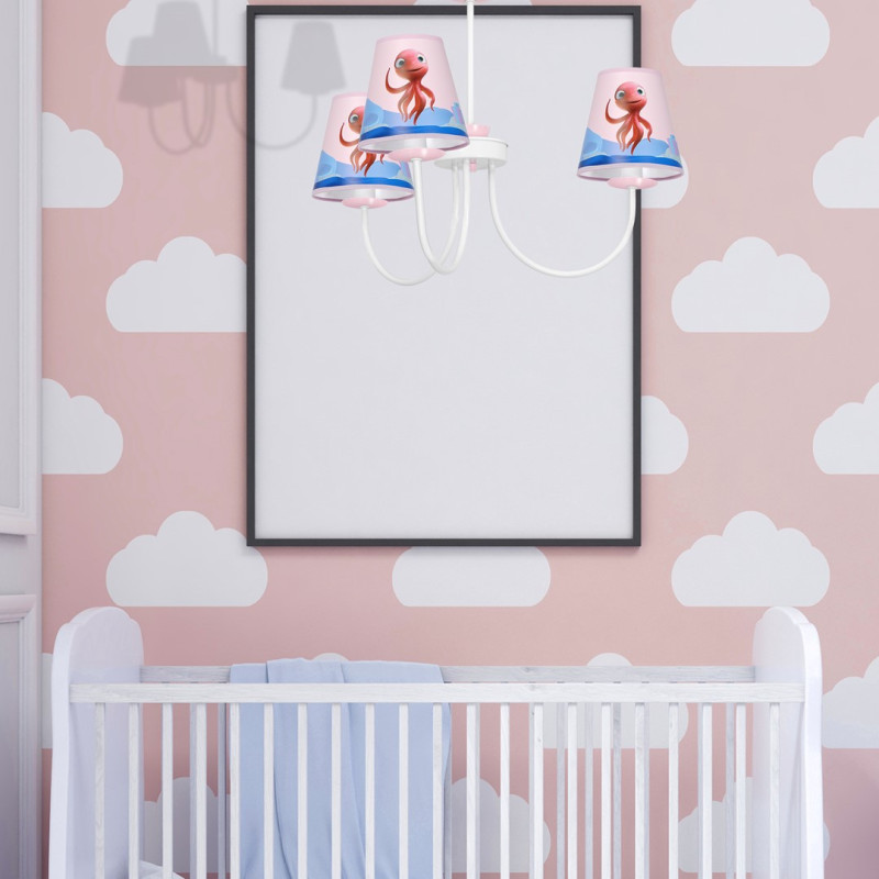 Plafonnier LOLA la pieuvre rouge 3 abat-jour plastique rose bleu métal blanc E14 Enfant 