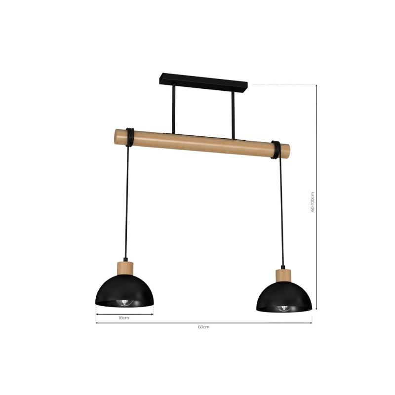 Suspension ERIK Barre bois 2 abat-jour noir E27 Industriel 