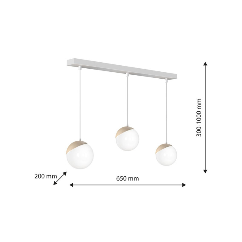 Suspension SFERA 3 boules alignées bois et verre blanc E14 base métal blanc Design chic 