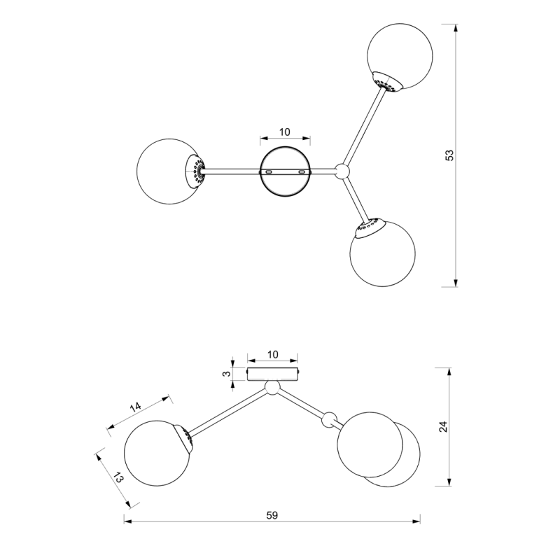 Plafonnier JOY 4 branches atome métal noir chromé boules verre blanc E14 Design chic 