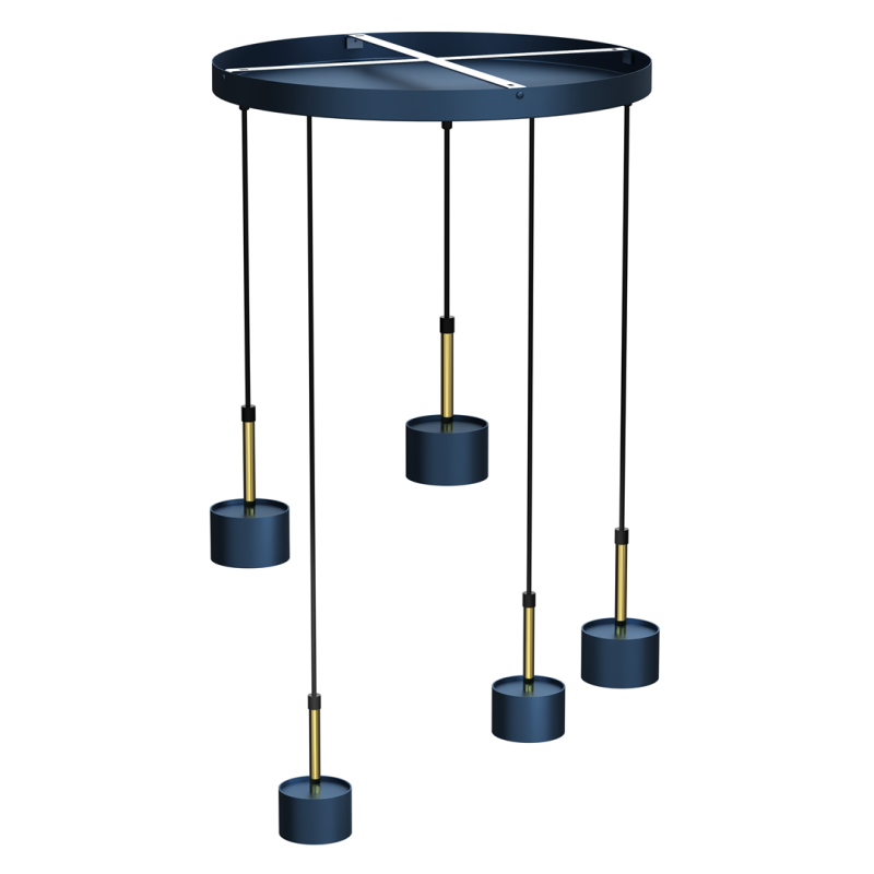 Suspension ARENA 5 abat-jour cylindriques métal bleu et doré base ronde GX53 Design chic 