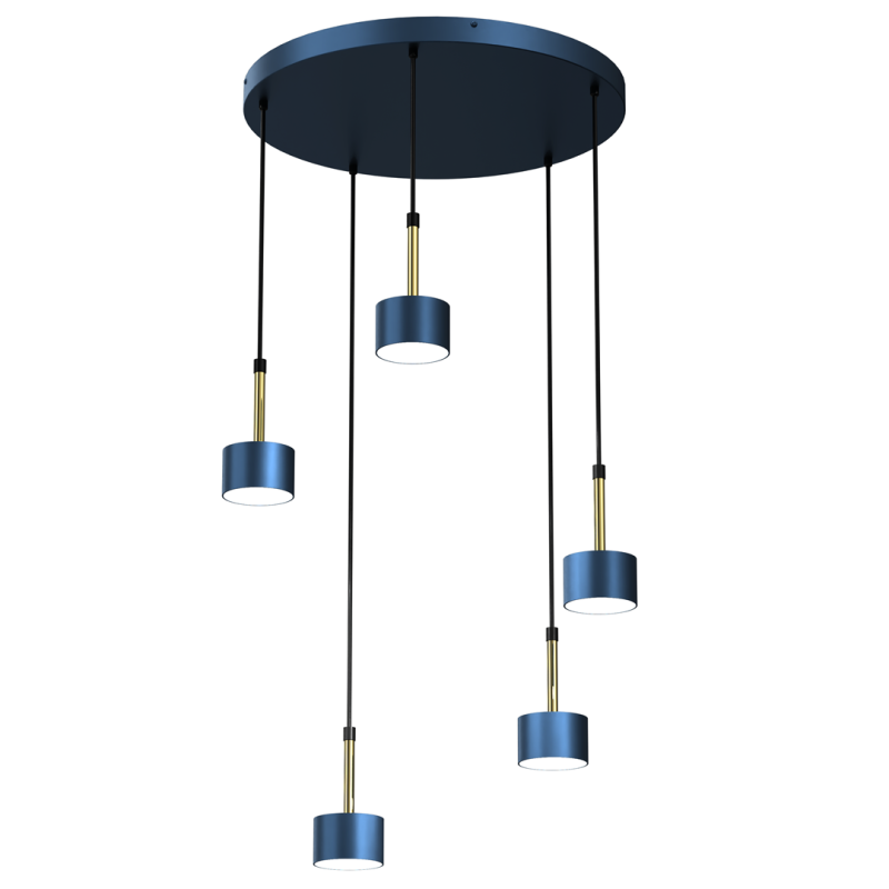 Suspension ARENA 5 abat-jour cylindriques métal bleu et doré base ronde GX53 Design chic 