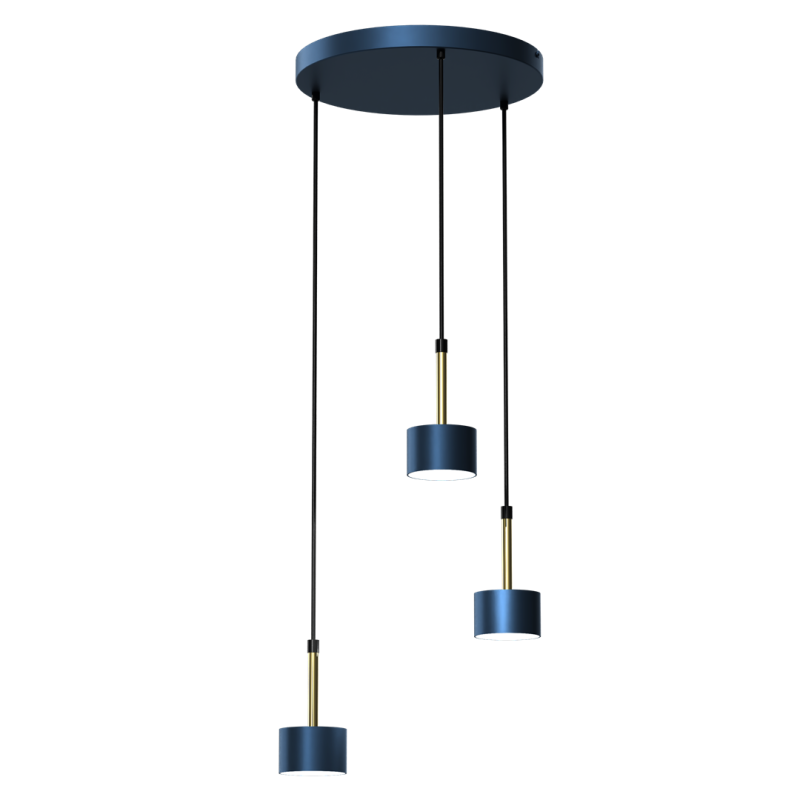 Suspension ARENA 3 abat-jour cylindriques alignés métal bleu et doré GX53 Design chic 