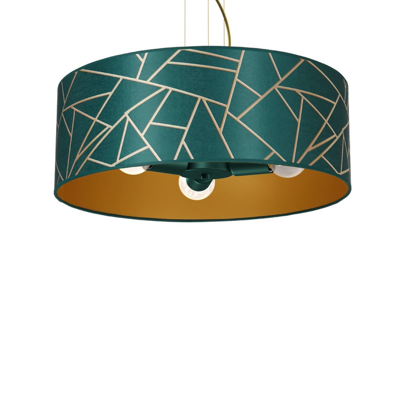 Suspension ZIGGY abat-jour rond 50cm tissu mosaique vert doré E27 Design chic 