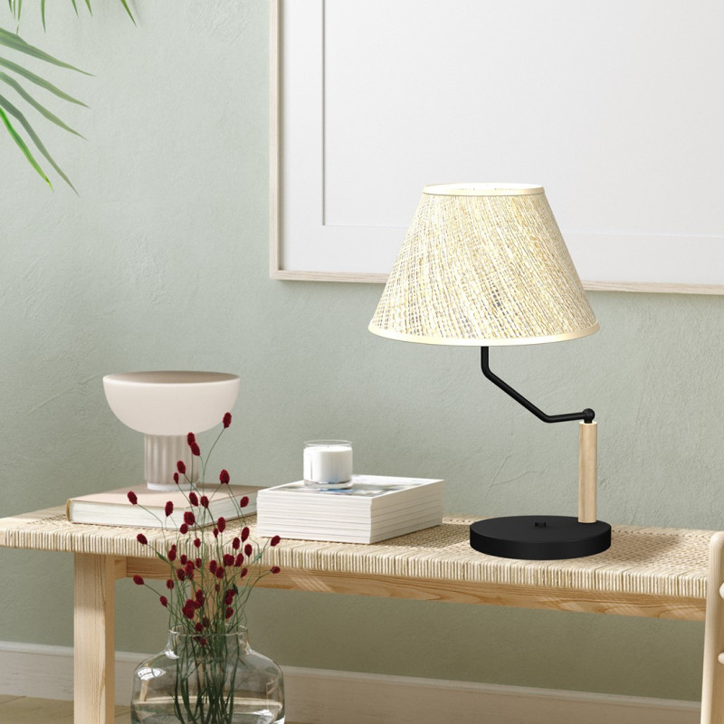 Lampe à poser ETNA abat-jour lin beige gris E27 pied métal noir et bois Nature 