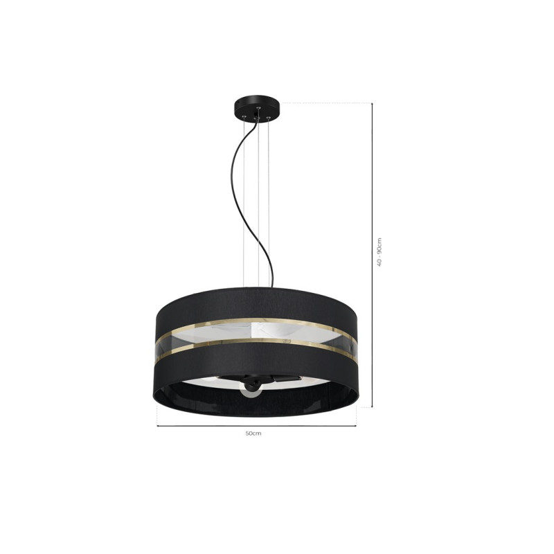 Suspension ULTIMO hauteur réglable abat-jour rond 50cm tissu noir bande doré E27 Design chic 