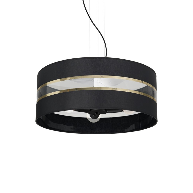 Suspension ULTIMO hauteur réglable abat-jour rond 50cm tissu noir bande doré E27 Design chic 