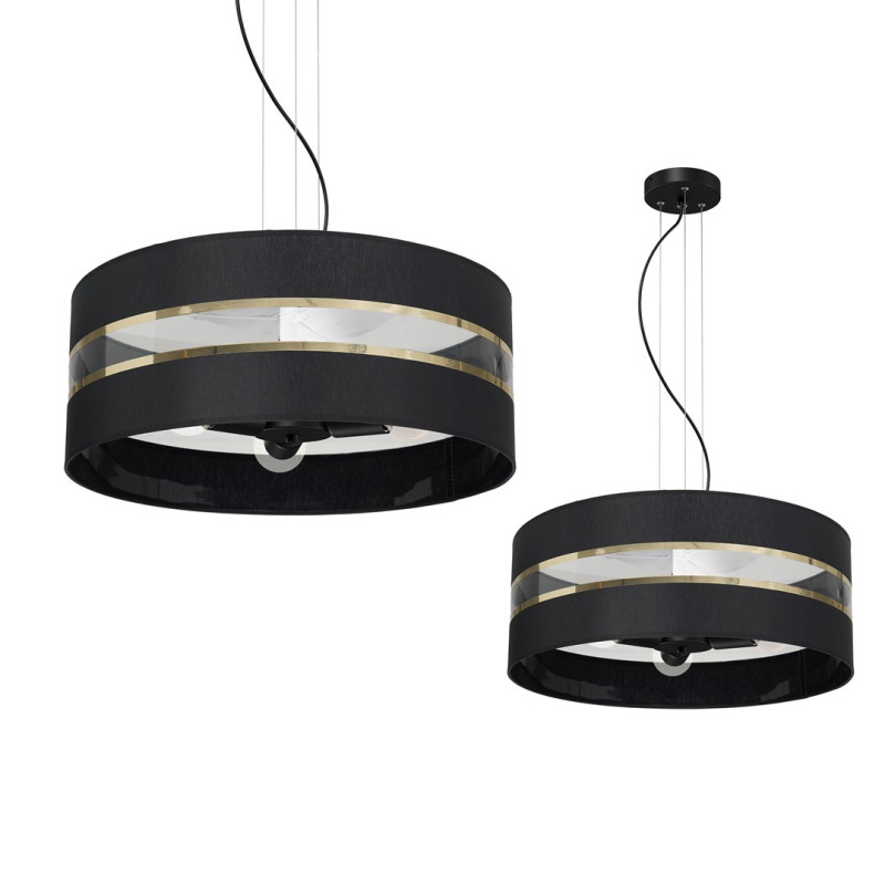 Suspension ULTIMO hauteur réglable abat-jour rond 50cm tissu noir bande doré E27 Design chic 