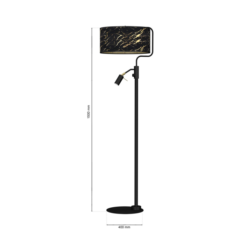 Lampadaire SENSO abat-jour tissu marbré noir doré E27 + liseuse mini GU10 Design chic 