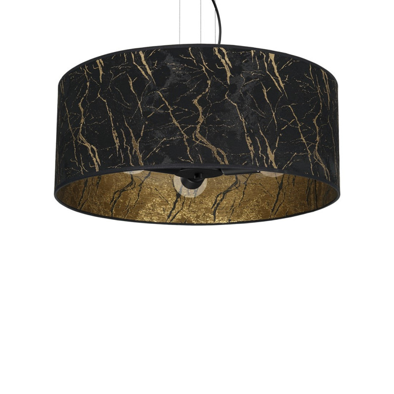 Suspension SENSO abat-jour rond 50cm tissu marbré noir doré E27 Design chic 