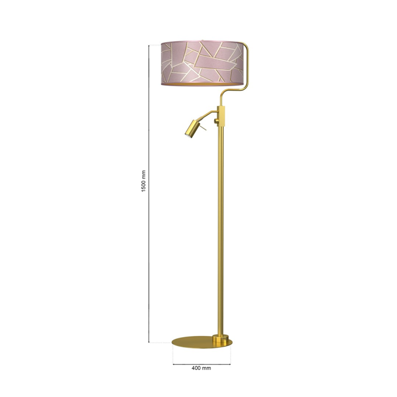 Lampadaire ZIGGY abat-jour tissu mosaique rose doré E27 + liseuse mini GU10 Design chic 