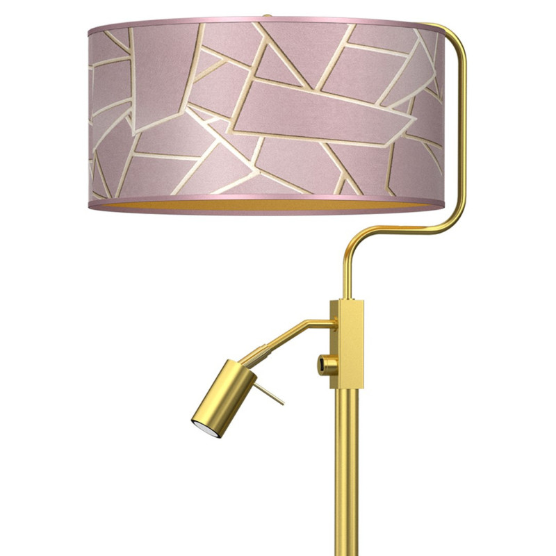 Lampadaire ZIGGY abat-jour tissu mosaique rose doré E27 + liseuse mini GU10 Design chic 