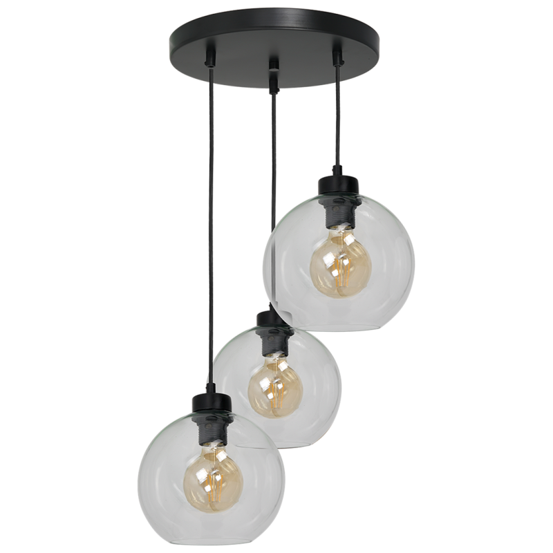 Suspension SOFIA 3 boules verre clair E27 base ronde métal noir Design chic 