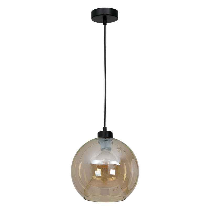 Suspension SOFIA boule verre ambré E27 base ronde métal noir Design chic 