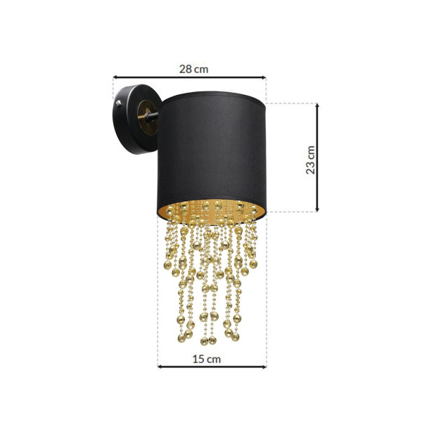 Applique murale ALMERIA abat-jour tissu noir chaine perles dorées E27 Vintage 