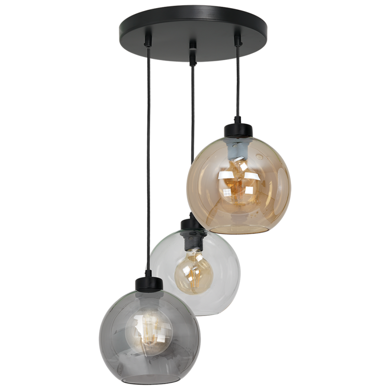 Suspension SOFIA 3 boules verre ambré fumé et clair E27 base ronde métal noir Design chic 