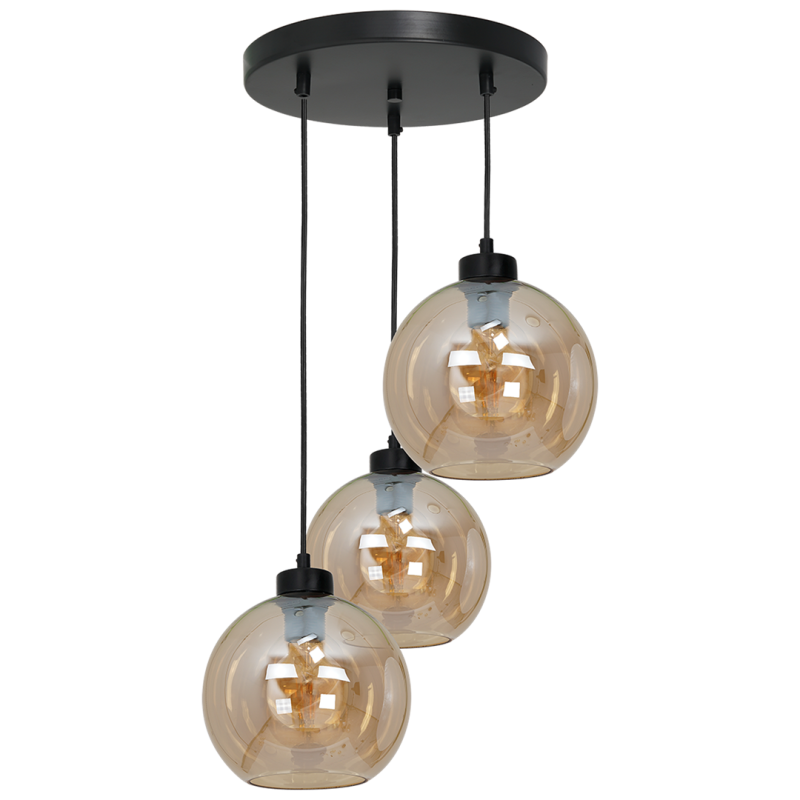 Suspension SOFIA 3 boules verre ambré E27 base ronde métal noir Design chic 