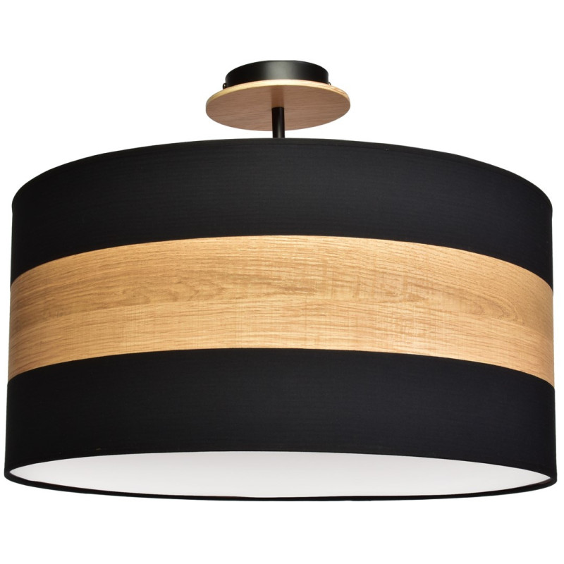 Plafonnier TERRA abat-jour rond 50cm tissu noir et bois E27 Nature 