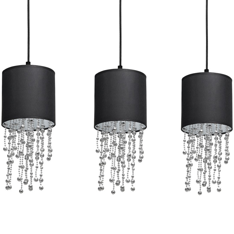 Suspension ALMERIA 3 abat-jour tissu noir chaine perles chromées E27 Vintage 