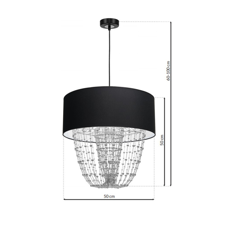 Suspension ALMERIA abat-jour tissu noir 50cm chaine perles chromées E27 Vintage 