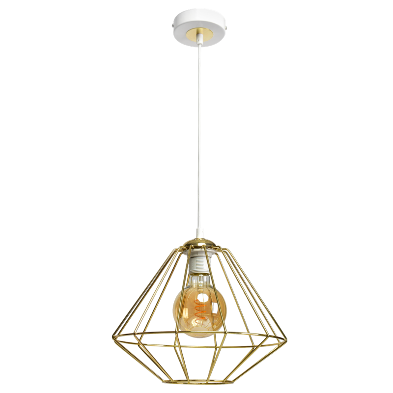 Suspension LUPO blanc cage forme diamant métallique doré E27 Bohème 