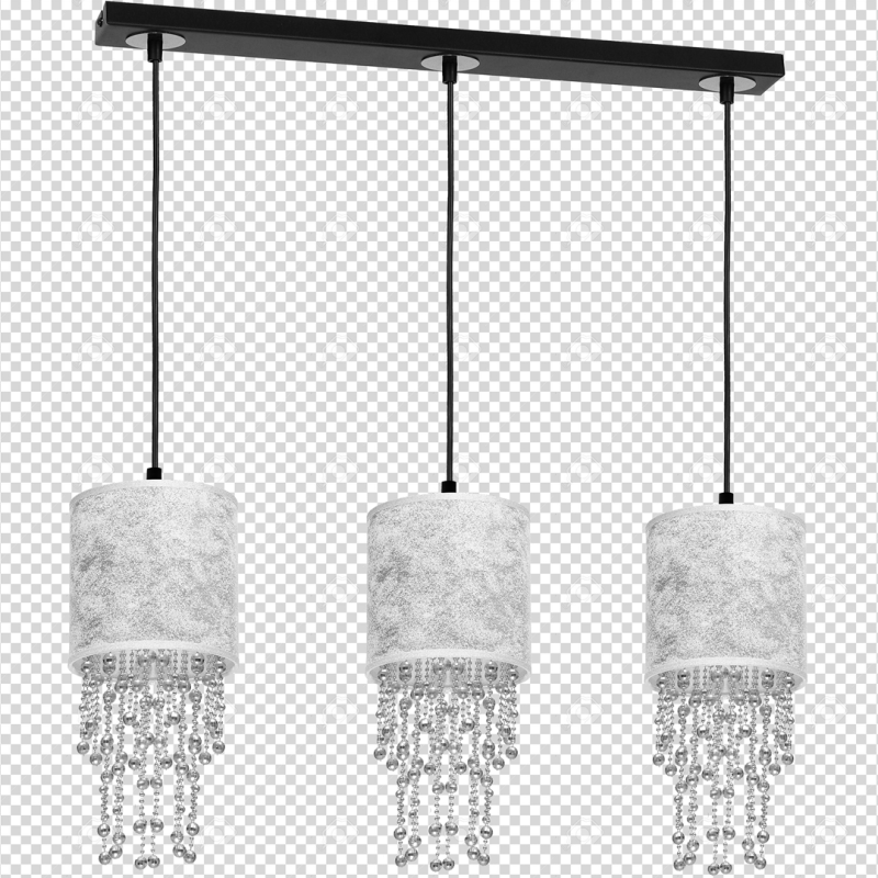 Suspension ALMERIA 3 abat-jour tissu argenté chaine perles chromées E27 Vintage 