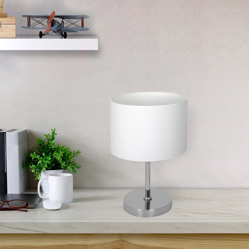 Lampe à poser CASINO abat-jour Blanc pied métal chromé E27 Minimaliste 