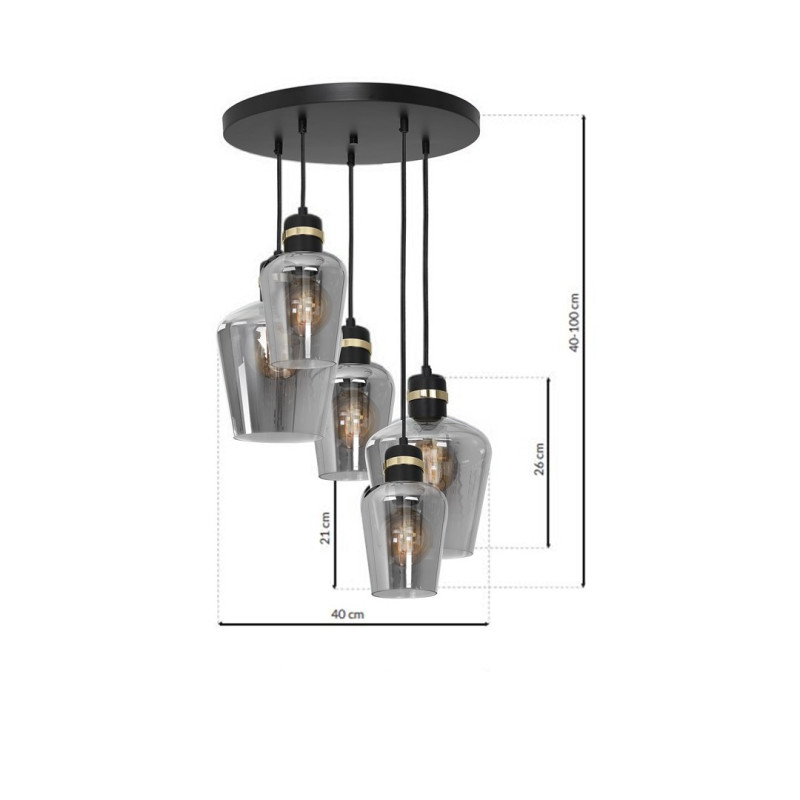 Suspension RICHMOND abat-jour verre fumé 5 douilles métal noir doré E27 base ronde Design chic 