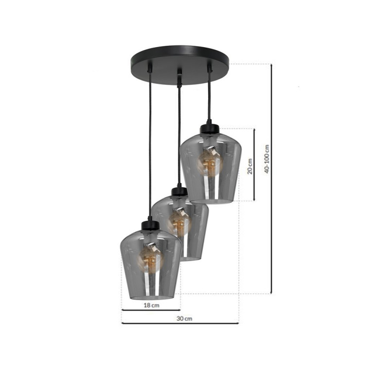 Suspension SANTIAGO 3 abat-jour verre fumé E27 base ronde métal noir Design chic 