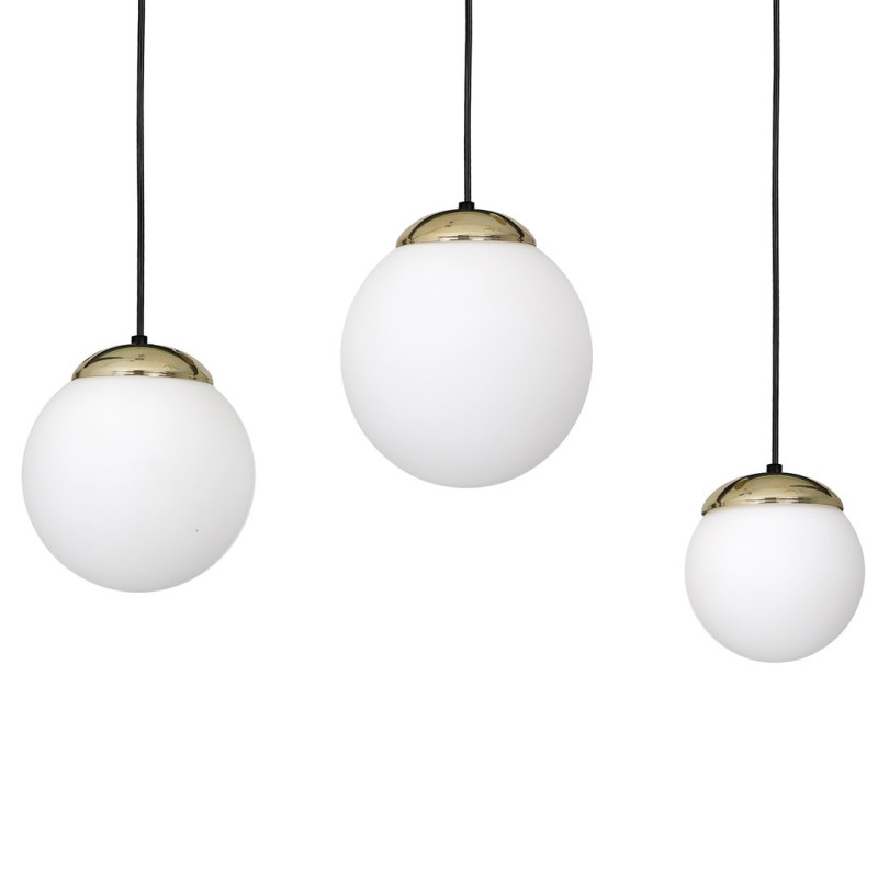 Suspension SPARTA 3 boules alignées dorées verre blanc E14 base métal noir Design chic 