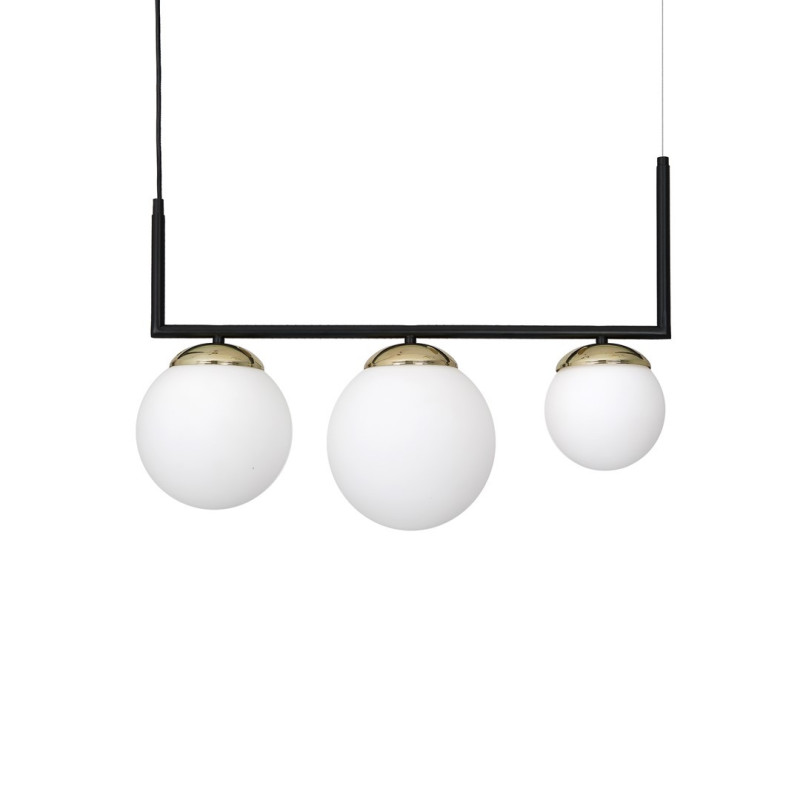 Suspension SPARTA barre U métal noir doré 3 boules verre blanc alignées E14 Design chic 