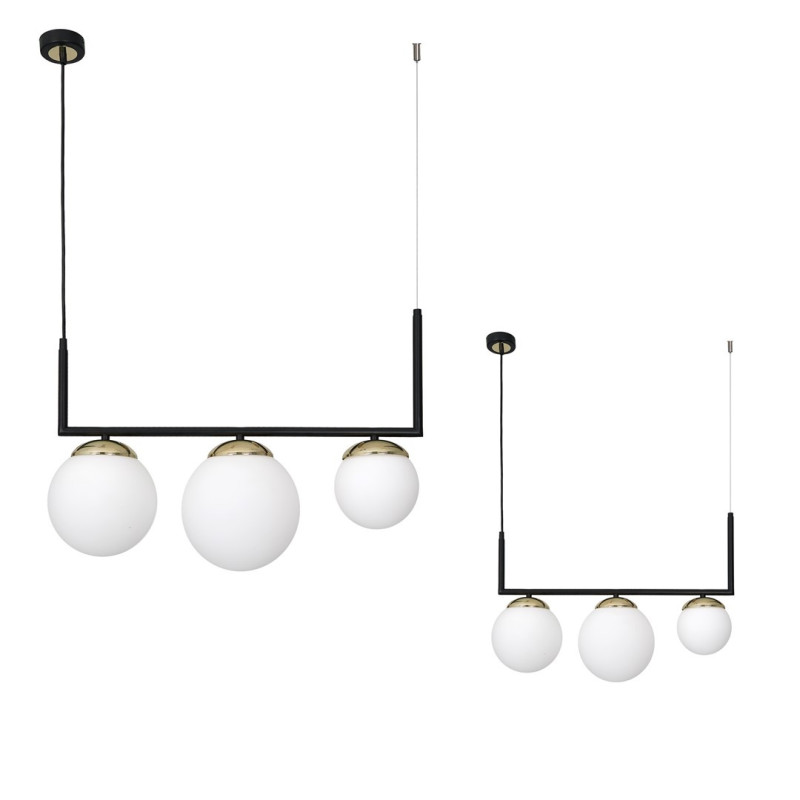 Suspension SPARTA barre U métal noir doré 3 boules verre blanc alignées E14 Design chic 