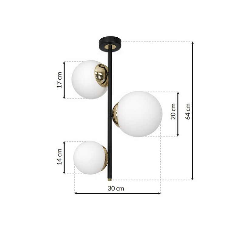 Plafonnier SPARTA barre verticale métal noir doré 3 boules verre blanc E14 Design chic 