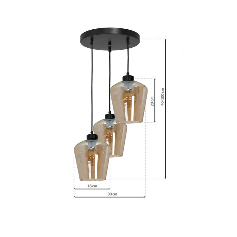 Suspension SANTIAGO 3 abat-jour verre ambré E27 base ronde métal noir Design chic 