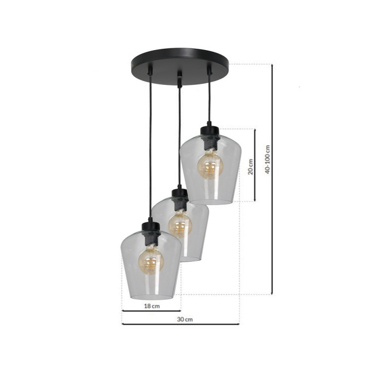 Suspension SANTIAGO 3 abat-jour verre clair E27 base ronde métal noir Design chic 