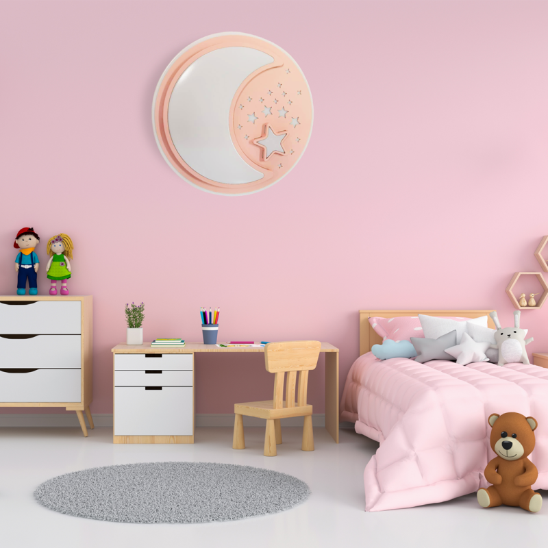 Applique murale ronde 48cm NOTE Lune et étoiles blanc et rose LED 40W CCT 3000k à 6000k 2800Lm Enfant 