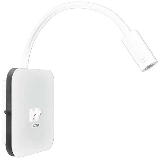 Applique murale flexible double option éclairage LED 8W ou 2W blanc neutre port USB BASE carrée métal blanc Minimaliste 
