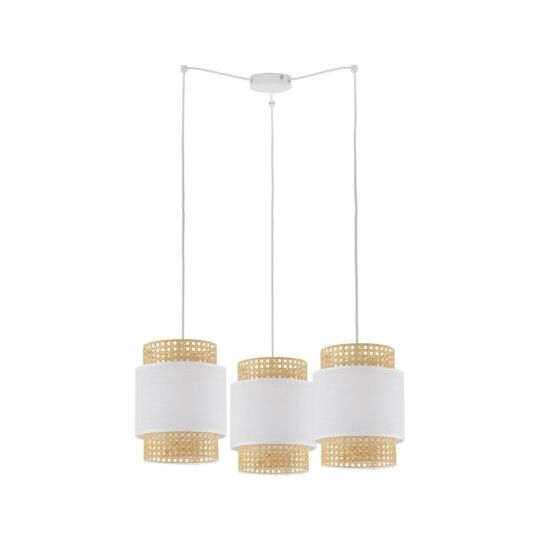 Luminaire Suspendu BOHO 3 abat-jour rotin et tissu blanc Design Bohème