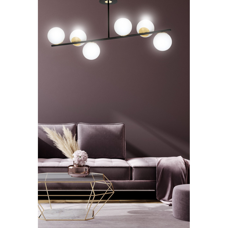 Plafonnier Design Floki Métal 6 lampes Déportées Noires et Dorées Style Minimaliste 