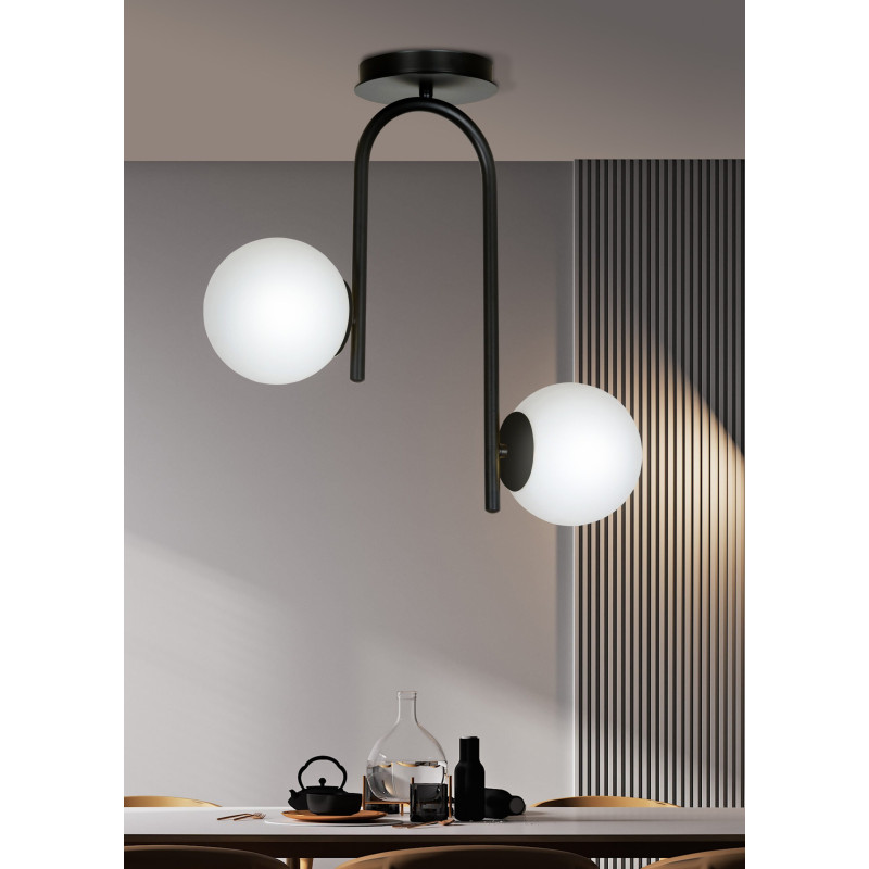 Plafonnier Design Kalf Métal 2 lampes Boules Blanches Style Minimaliste 